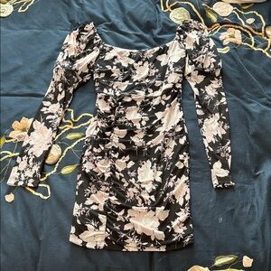 Emerald Sundae Black & Blush Floral Ruched Long Sleeve Mini Dress